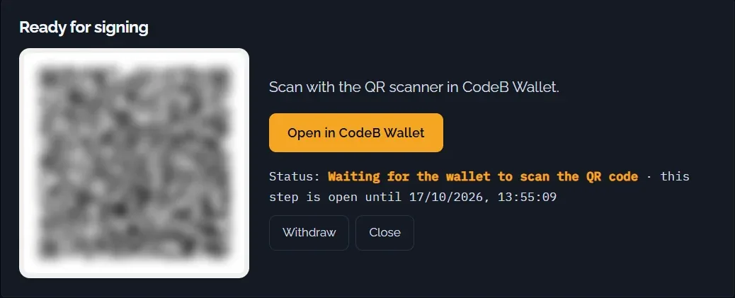 “Ready for signing”: scan the QR code with CodeB Wallet or tap “Open in CodeB Wallet” (QR code blurred in this picture)