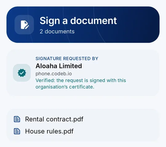 In CodeB Wallet: who asks for the signature (verified by the organisation’s certificate) and every document