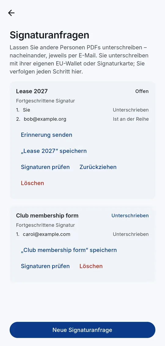 Signaturanfragen: wer unterschrieben hat und wer an der Reihe ist