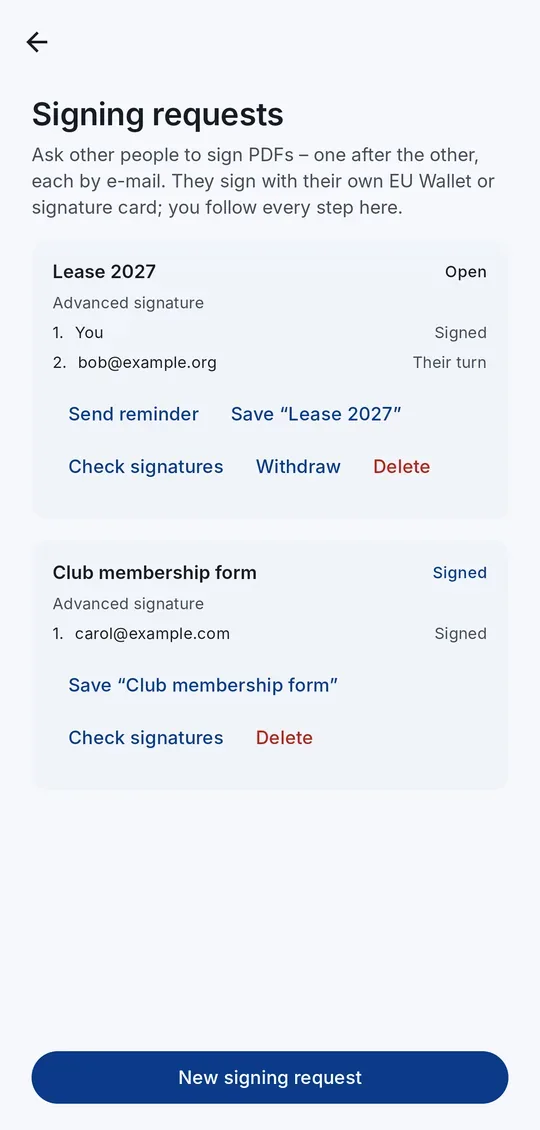 Signing requests: who has signed and whose turn it is