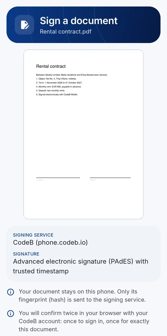 The “Sign a document” screen: preview of the PDF page, signing service and signature type, and a privacy note