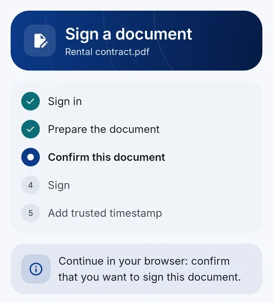 Signing progress: Sign in, Prepare the document, Confirm this document, Sign, Add trusted timestamp – with the button “Continue in your browser”