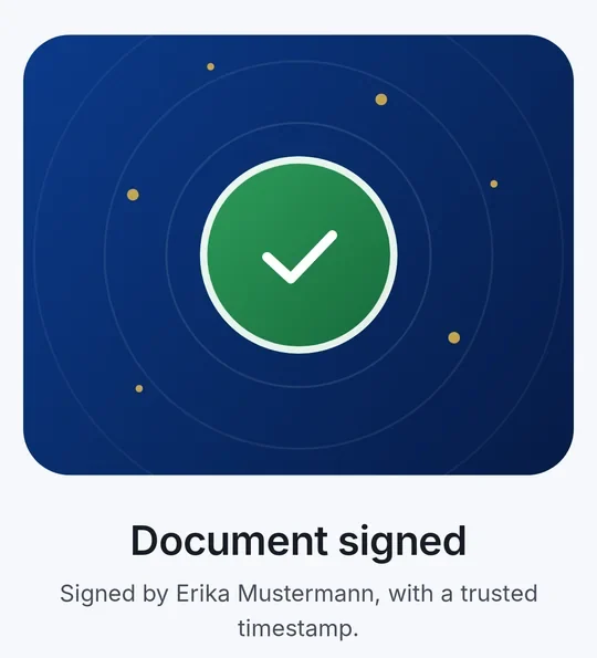 “Document signed – Signed by Erika Mustermann, with a trusted timestamp.” with the buttons to save or share the PDF