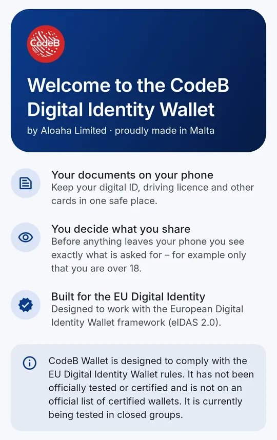 The welcome screen of CodeB Wallet