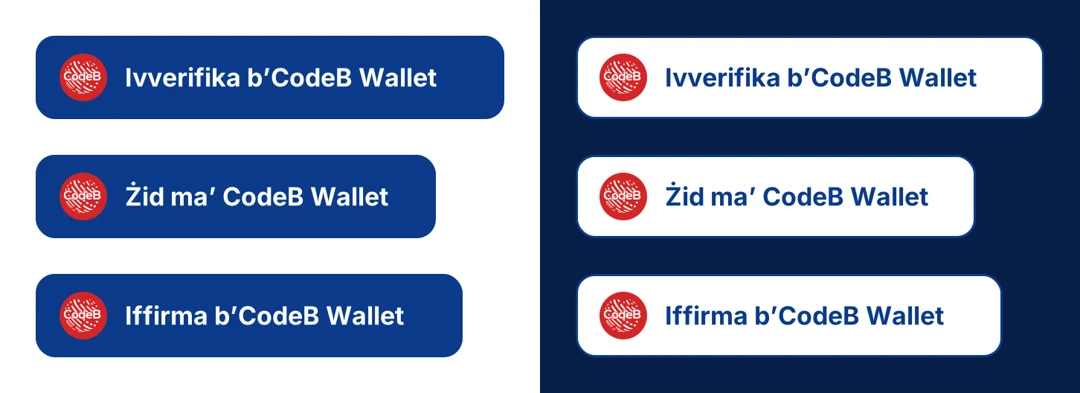 It-tliet buttuni ta’ CodeB Wallet: blu skur fuq sfond ċar (xellug), abjad b’kontorn blu fuq sfond skur (lemin)