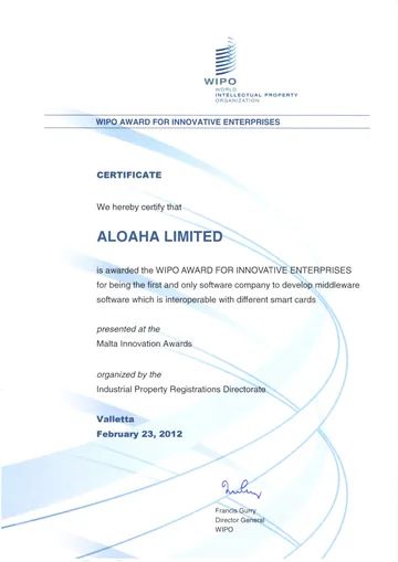 WIPO Award for Innovative Enterprises certificate for Aloaha Limited, Malta Innovation Awards, Valletta, 23 February 2012
